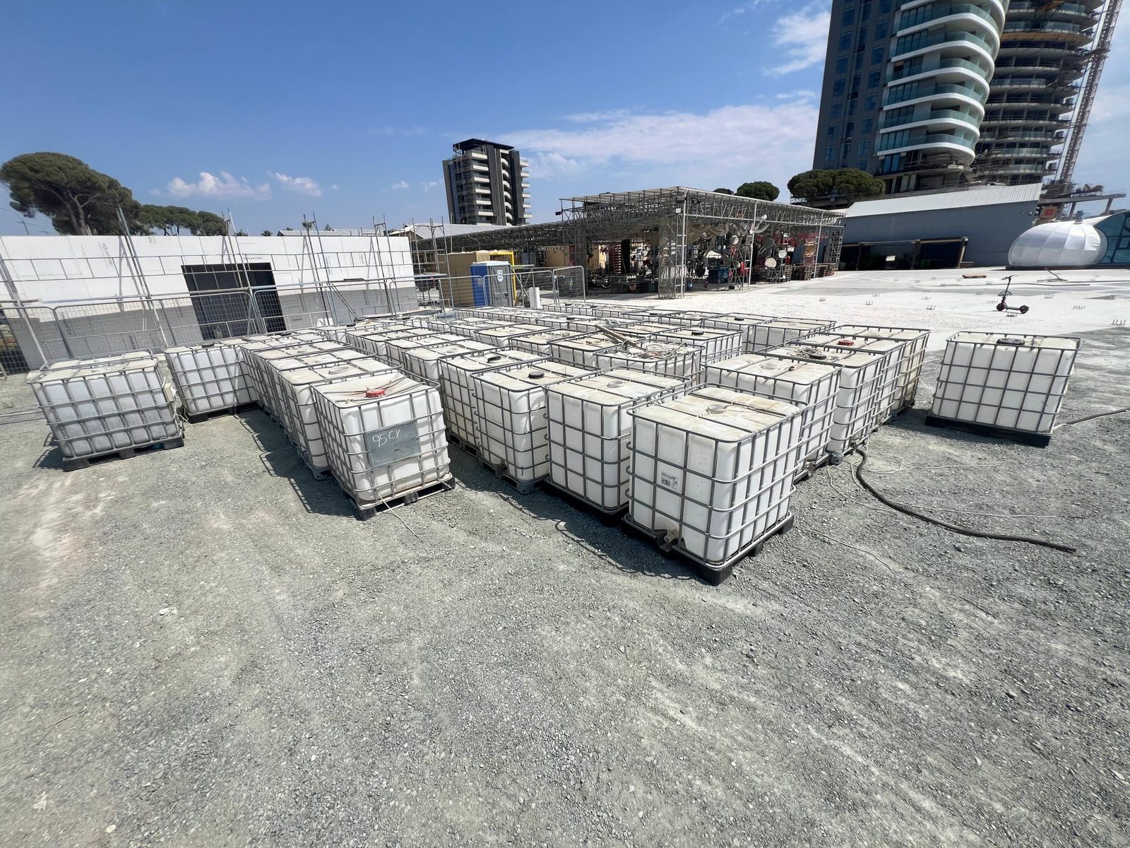 Tanks staged on site before stacking