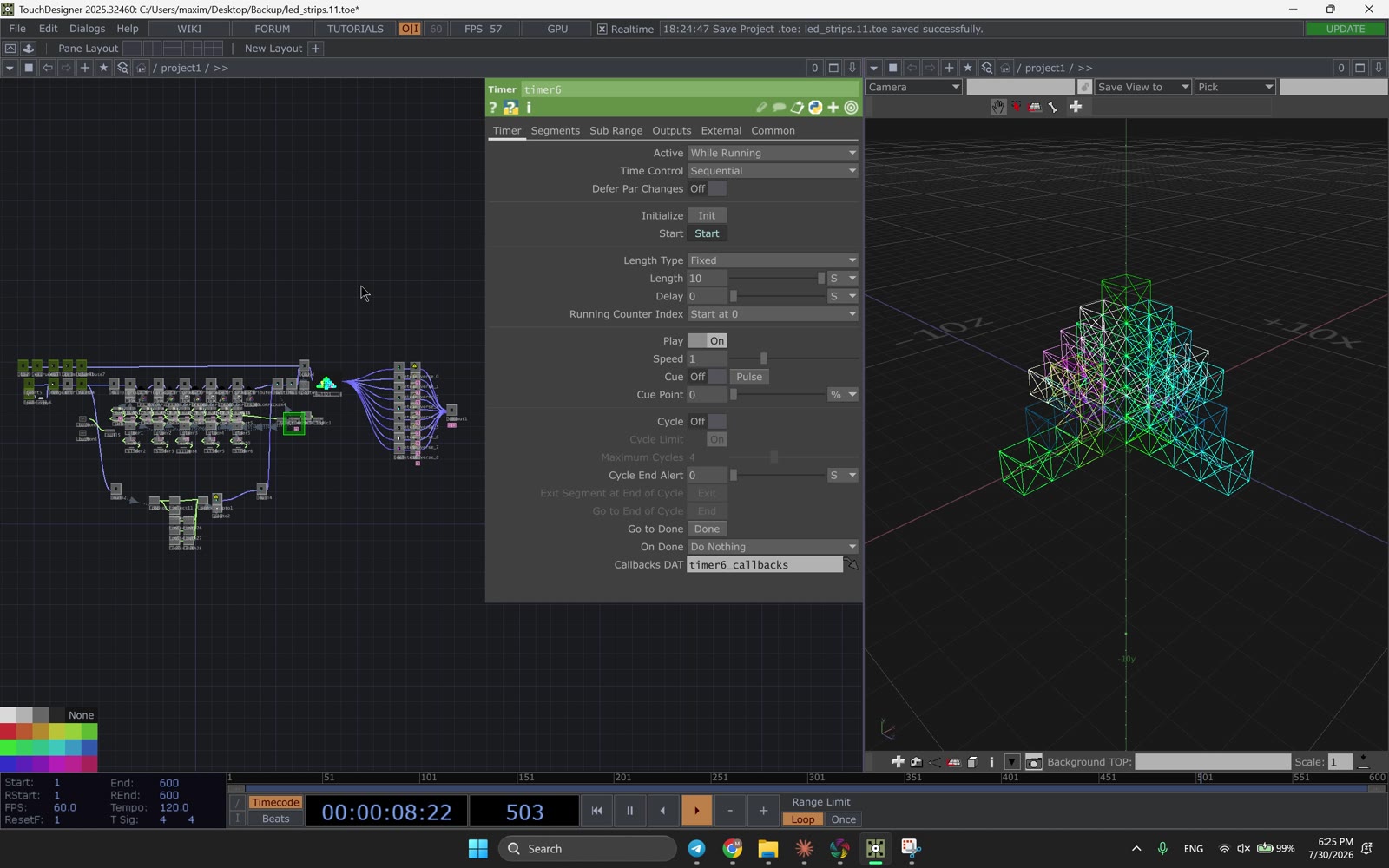 TouchDesigner network and 3D tank map