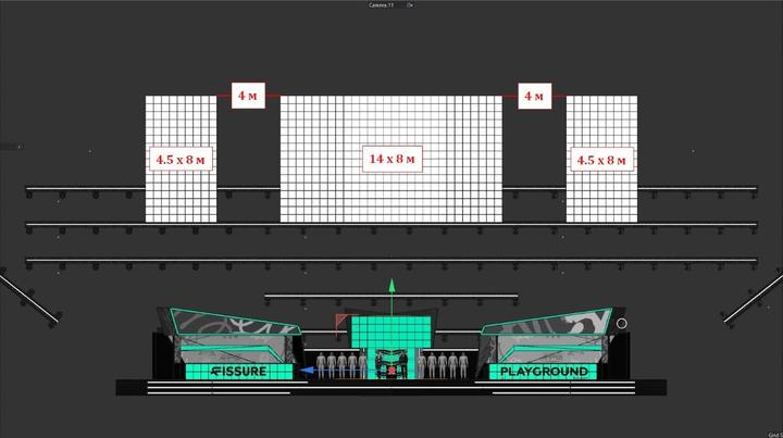 Stage render with screen sizes: 4.5 × 8 m, 14 × 8 m, 4.5 × 8 m